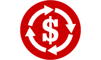 Red circle with white dollar sign with arrows around it